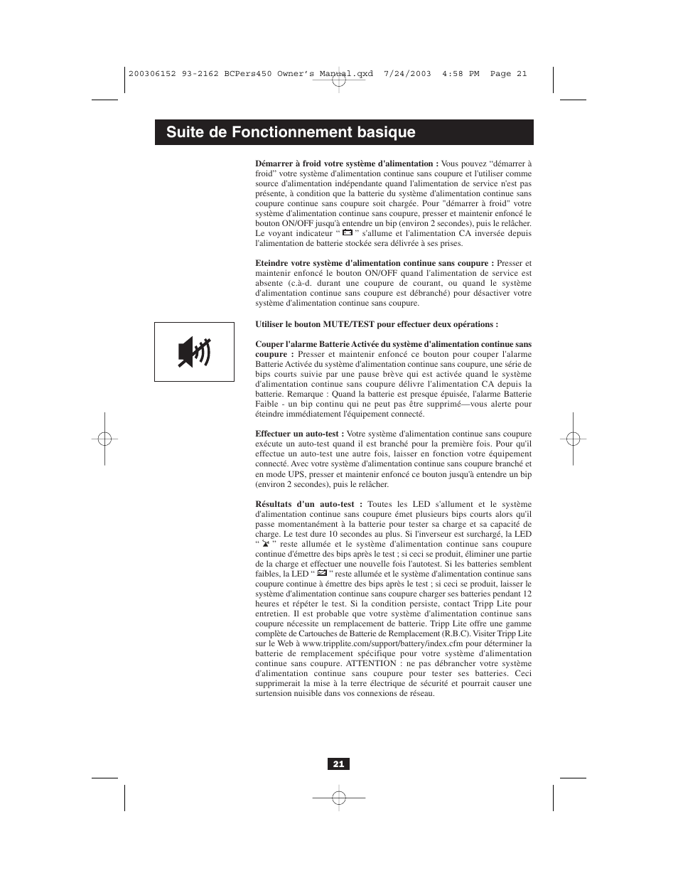 Suite de fonctionnement basique | Tripp Lite INTERNETOFFICE700 User Manual | Page 21 / 28