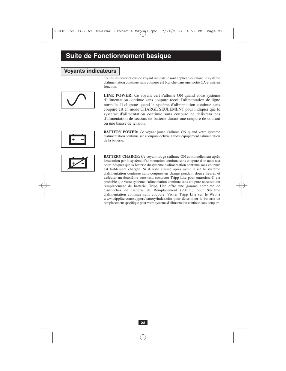 Suite de fonctionnement basique, Voyants indicateurs | Tripp Lite INTERNETOFFICE700 User Manual | Page 22 / 28