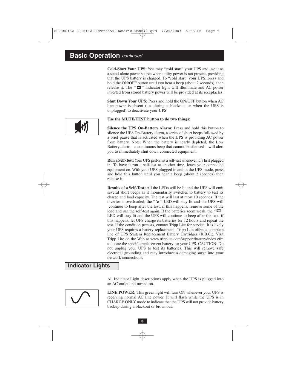 Basic operation, Indicator lights | Tripp Lite INTERNETOFFICE700 User Manual | Page 5 / 28