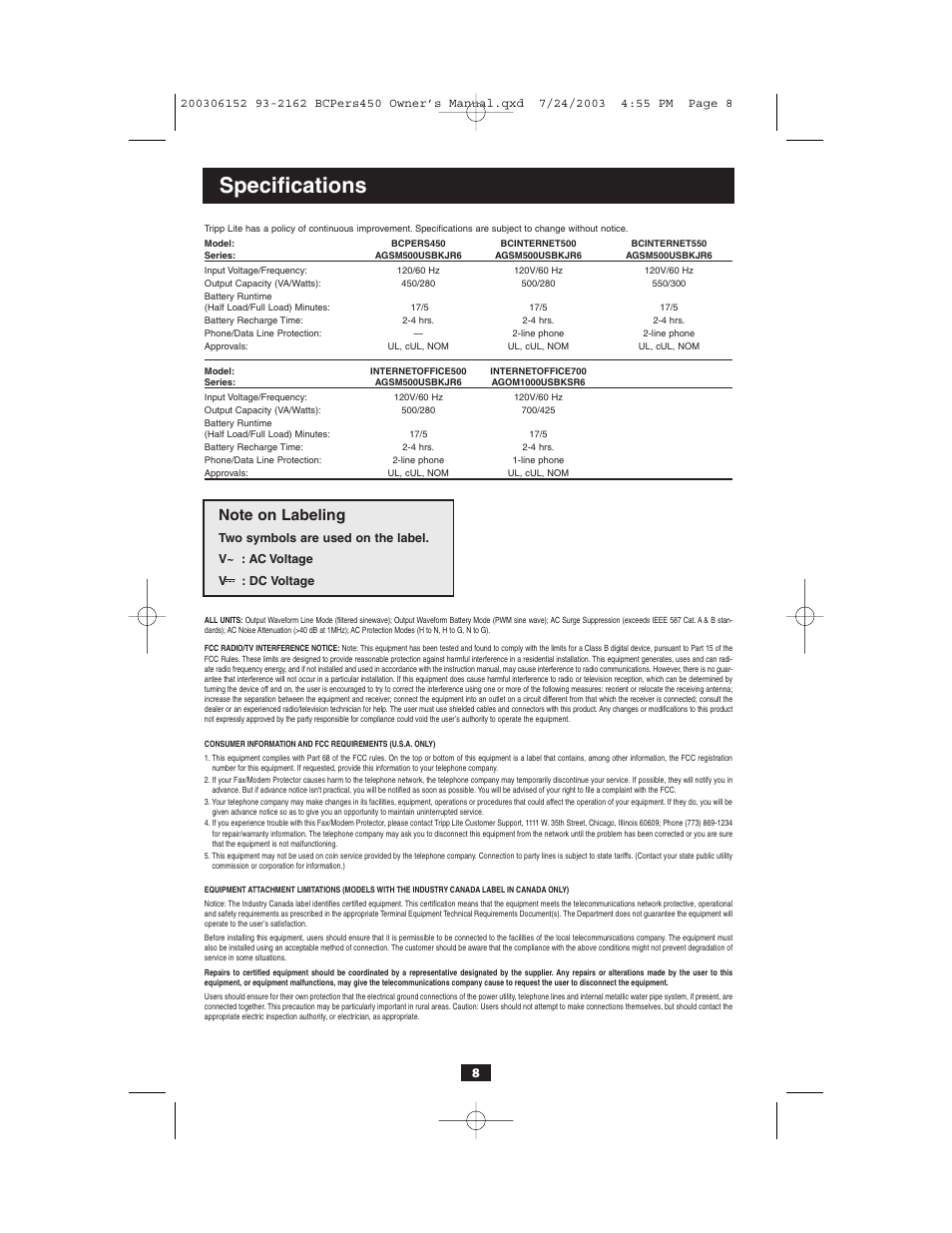 Specifications | Tripp Lite INTERNETOFFICE700 User Manual | Page 8 / 28