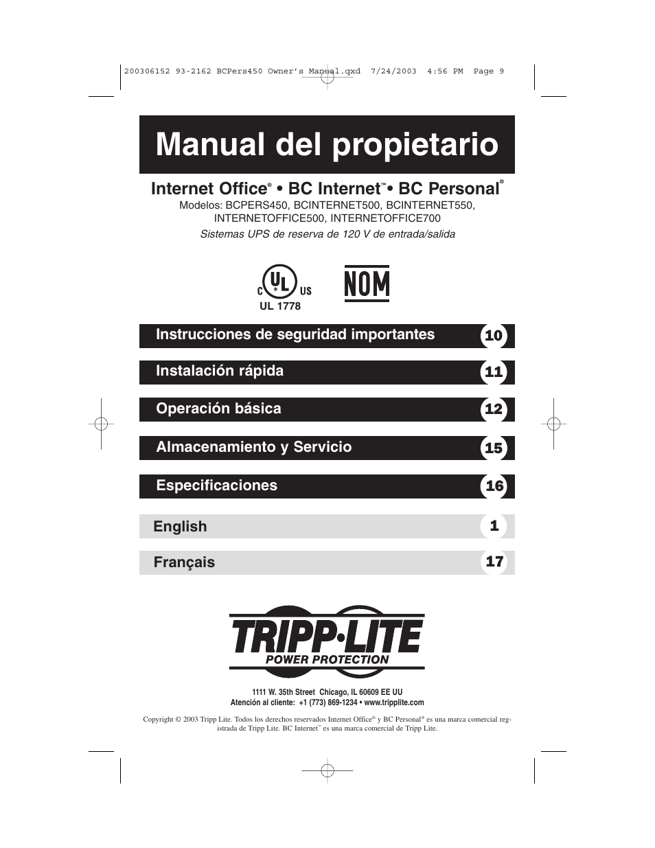 Manual del propietario, Internet office, Bc internet | Bc personal, English 1 français 17 | Tripp Lite INTERNETOFFICE700 User Manual | Page 9 / 28