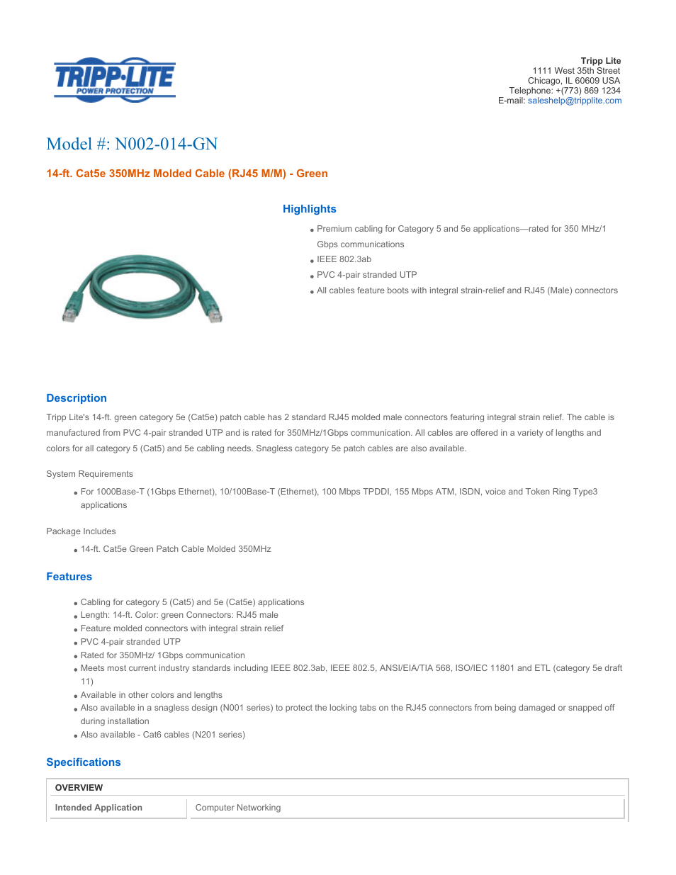 Tripp Lite N002-014-GN User Manual | 3 pages