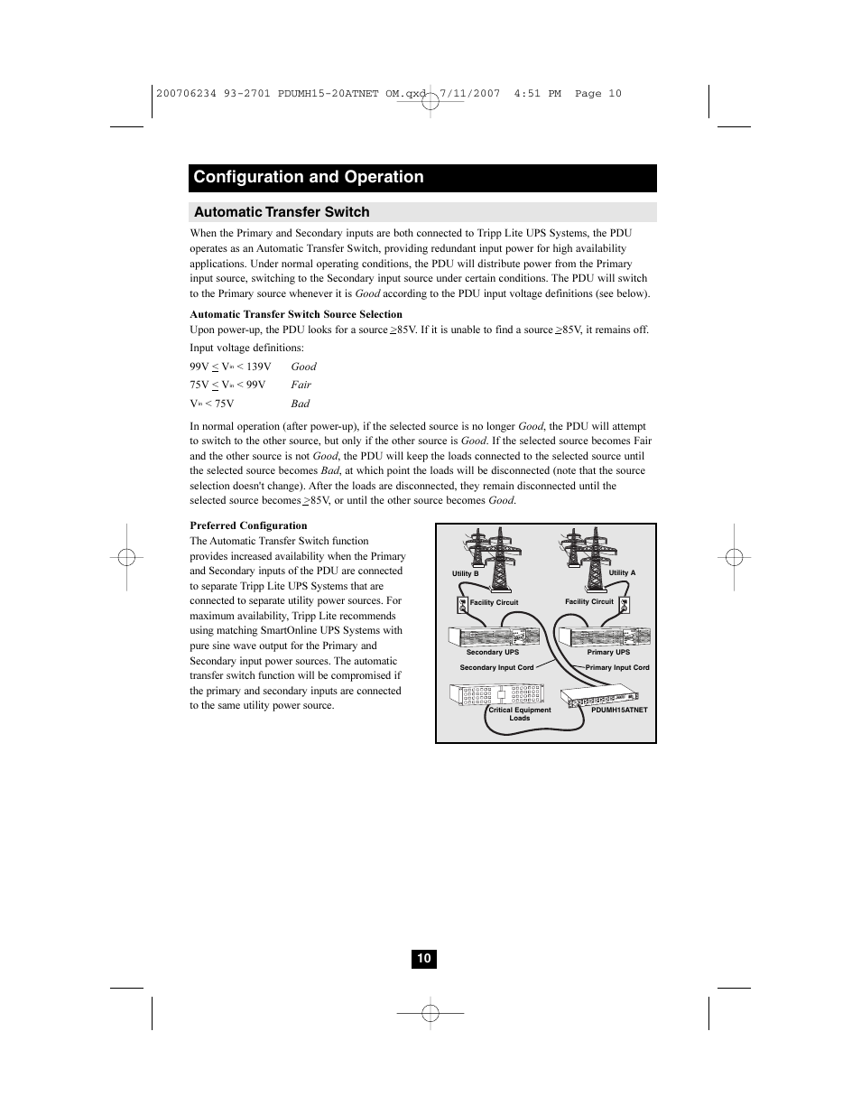 Configuration and operation, Automatic transfer switch | Tripp Lite PDUMH15ATNET User Manual | Page 10 / 36