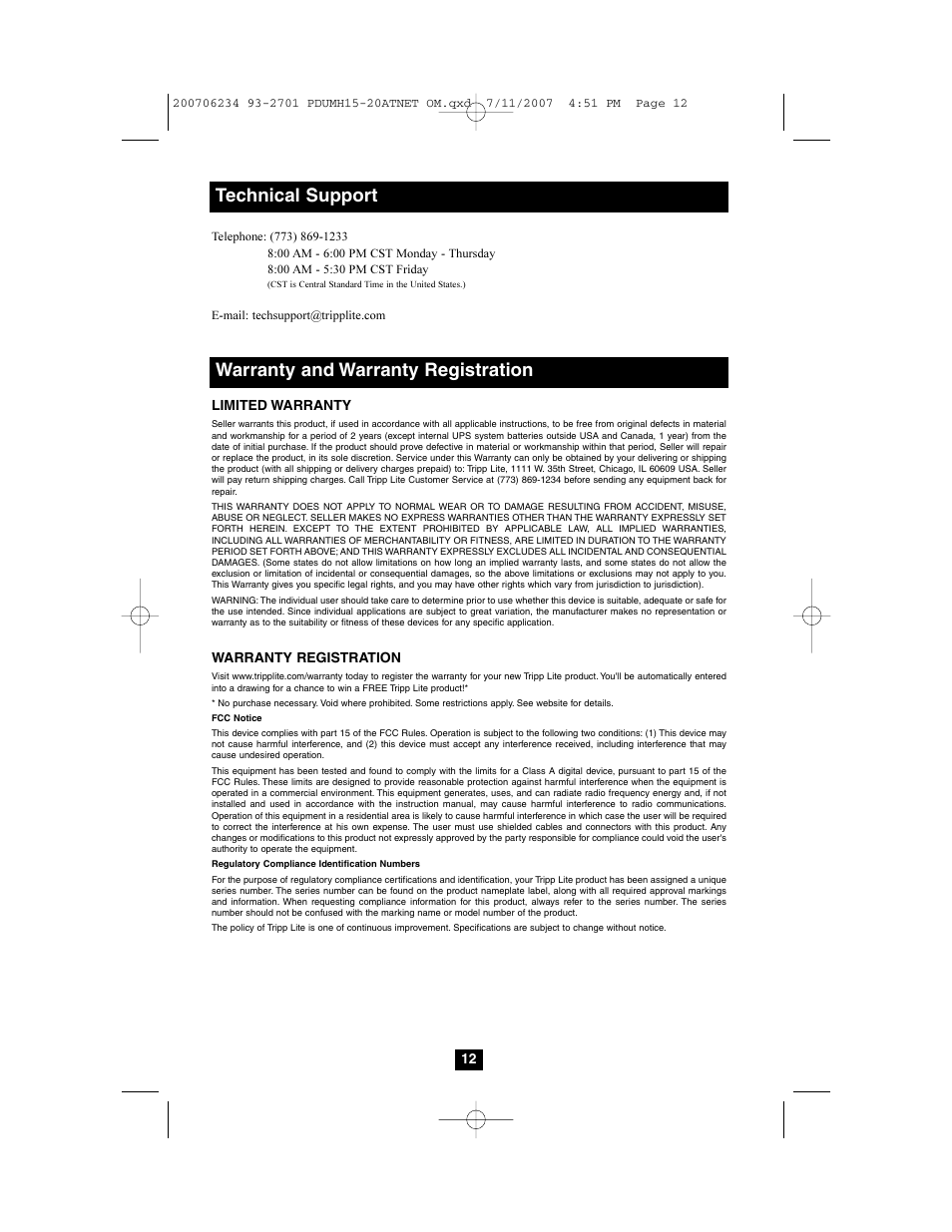 Warranty and warranty registration, Technical support | Tripp Lite PDUMH15ATNET User Manual | Page 12 / 36