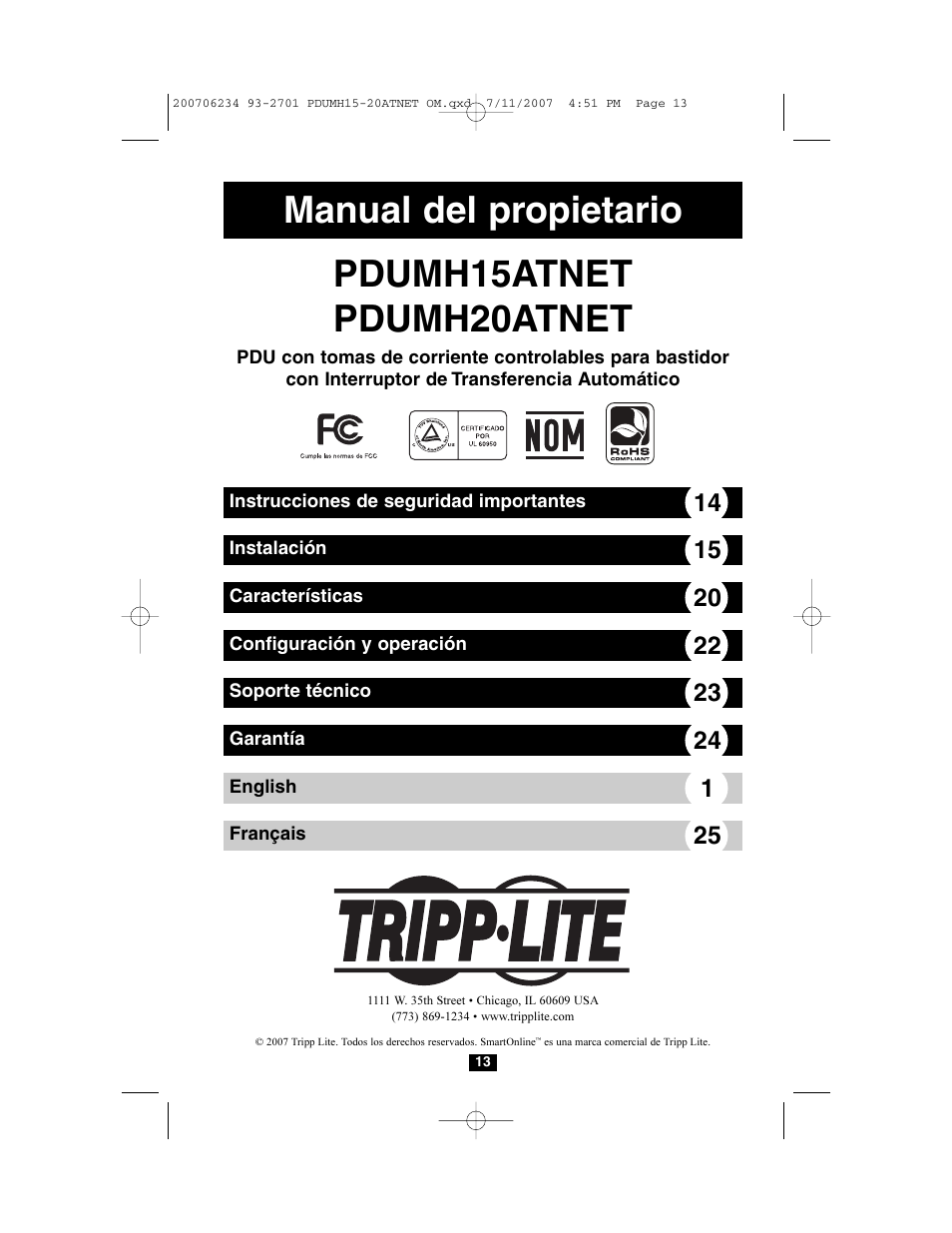 Manual del propietario, Pdumh15atnet pdumh20atnet | Tripp Lite PDUMH15ATNET User Manual | Page 13 / 36