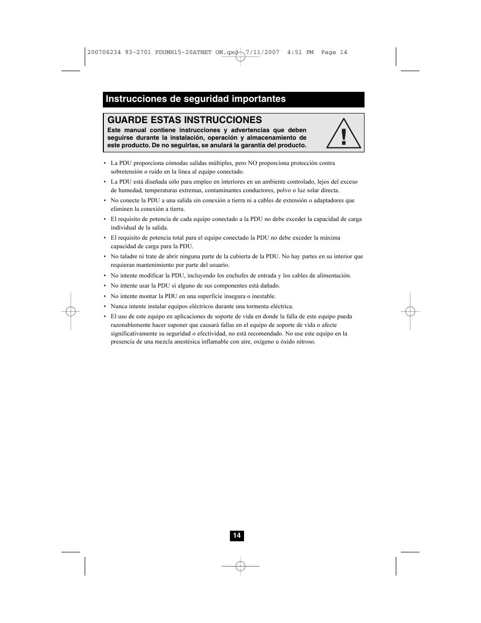 Guarde estas instrucciones, Instrucciones de seguridad importantes | Tripp Lite PDUMH15ATNET User Manual | Page 14 / 36