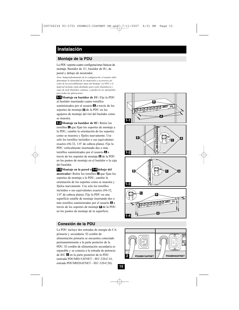Instalación, Montaje de la pdu, Conexión de la pdu | Tripp Lite PDUMH15ATNET User Manual | Page 15 / 36