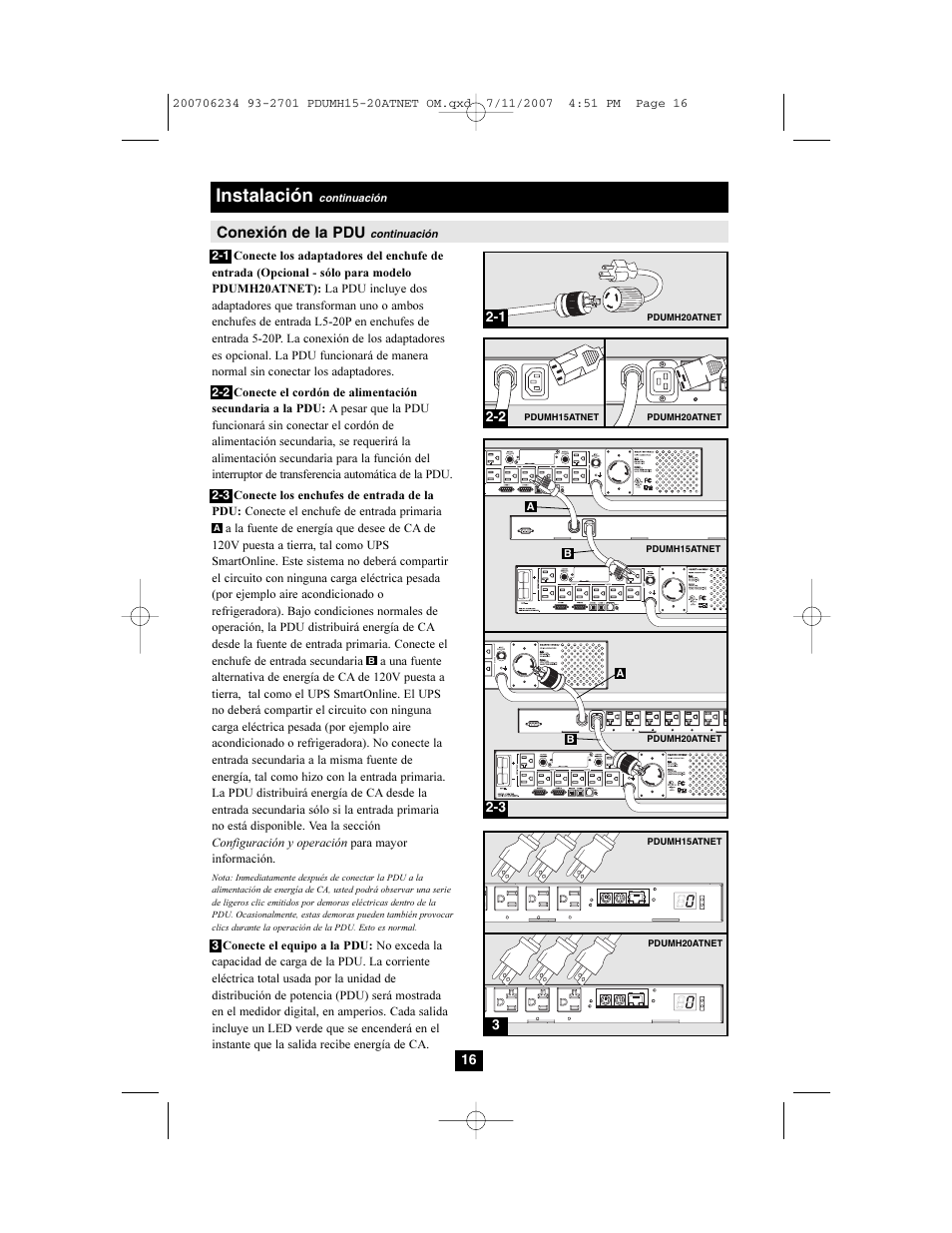 Instalación, Conexión de la pdu | Tripp Lite PDUMH15ATNET User Manual | Page 16 / 36