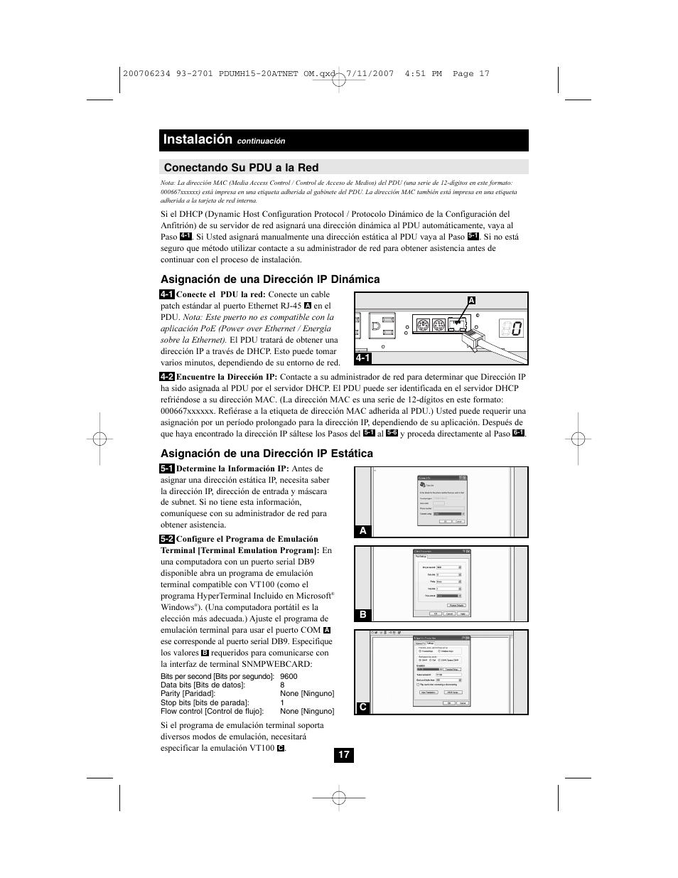 Instalación, Conectando su pdu a la red, Asignación de una dirección ip dinámica | Asignación de una dirección ip estática | Tripp Lite PDUMH15ATNET User Manual | Page 17 / 36