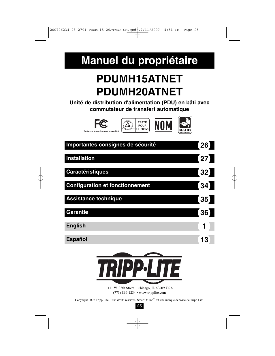 Manuel du propriétaire pdumh15atnet pdumh20atnet | Tripp Lite PDUMH15ATNET User Manual | Page 25 / 36