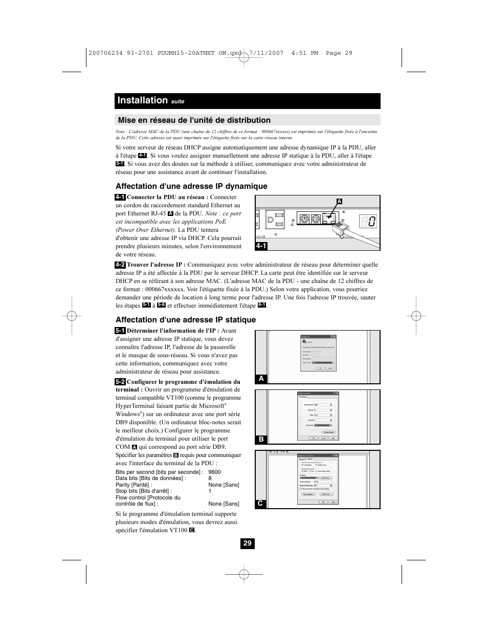 Installation, Mise en réseau de l'unité de distribution, Affectation d'une adresse ip dynamique | Affectation d'une adresse ip statique | Tripp Lite PDUMH15ATNET User Manual | Page 29 / 36