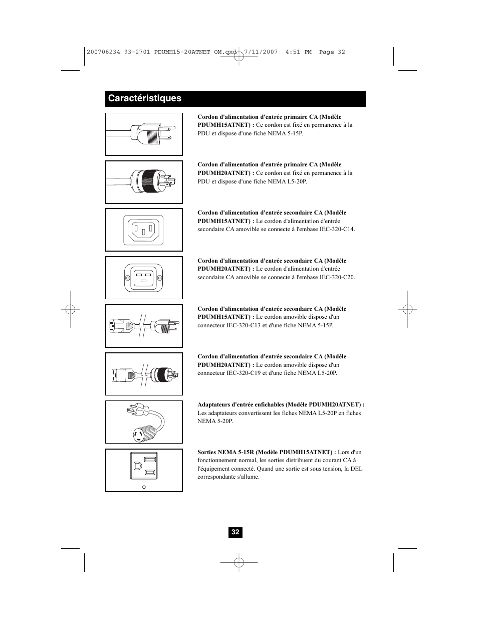 Caractéristiques | Tripp Lite PDUMH15ATNET User Manual | Page 32 / 36