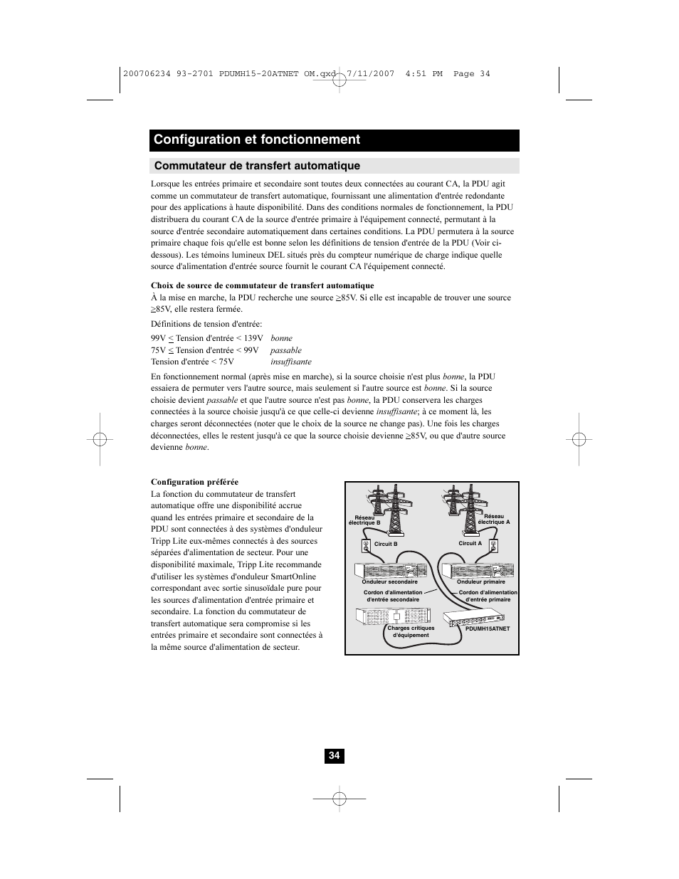 Configuration et fonctionnement, Commutateur de transfert automatique | Tripp Lite PDUMH15ATNET User Manual | Page 34 / 36