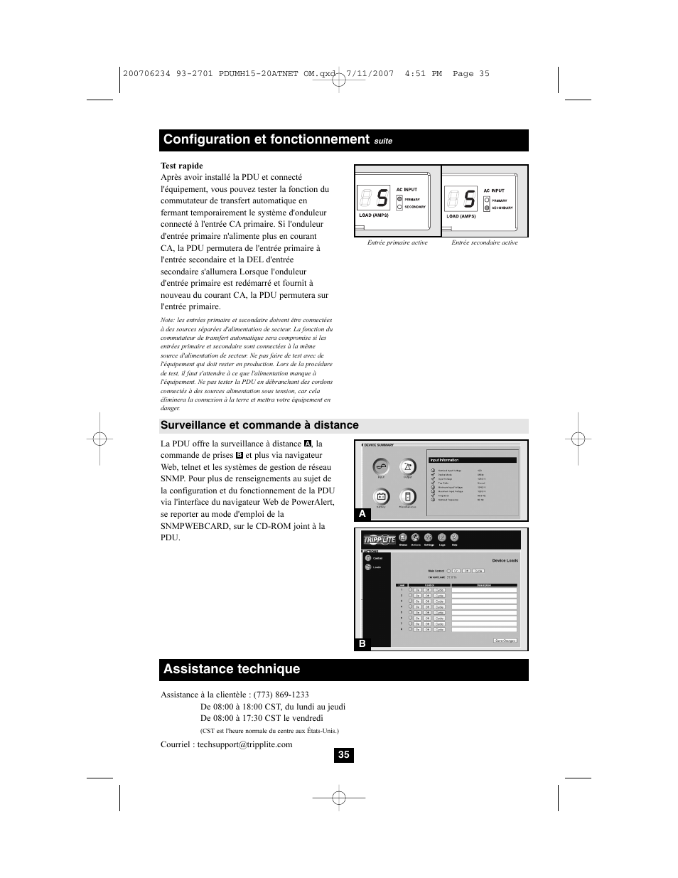 Configuration et fonctionnement, Assistance technique | Tripp Lite PDUMH15ATNET User Manual | Page 35 / 36
