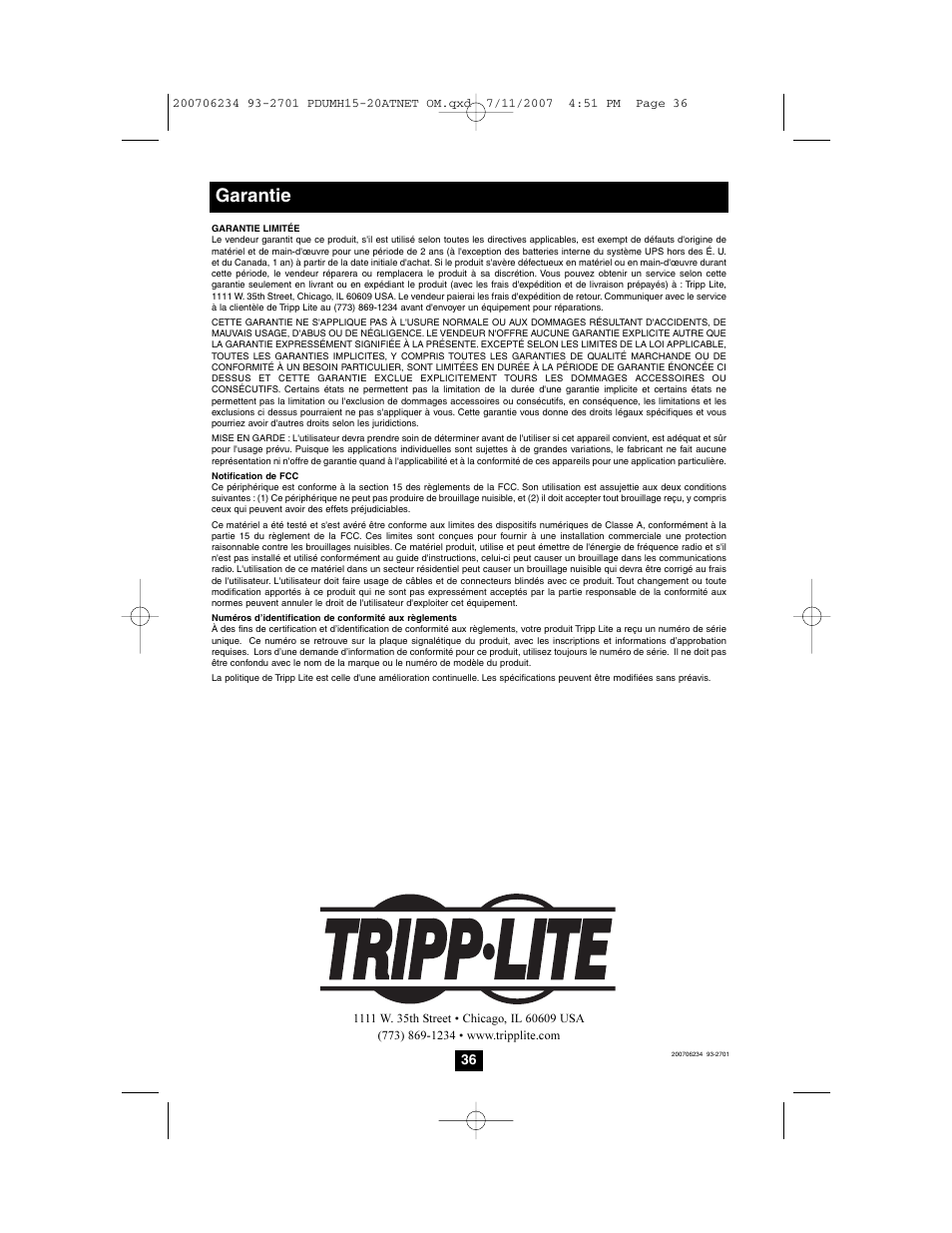 Garantie | Tripp Lite PDUMH15ATNET User Manual | Page 36 / 36