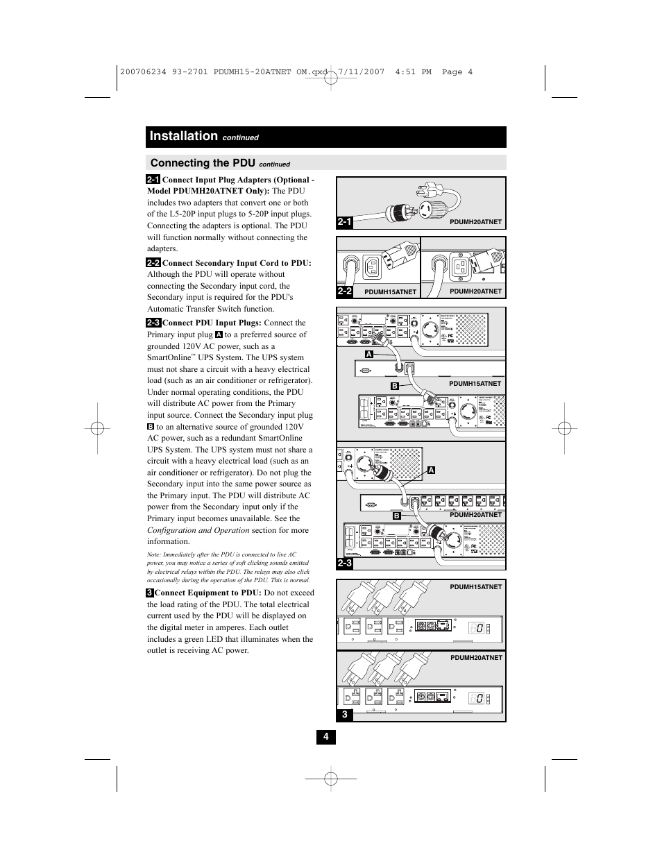 Installation, Connecting the pdu | Tripp Lite PDUMH15ATNET User Manual | Page 4 / 36