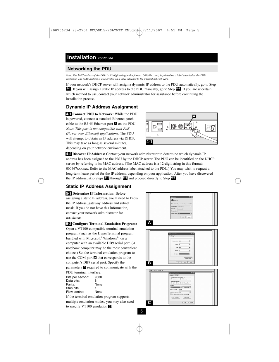 Installation, Networking the pdu, Dynamic ip address assignment | Static ip address assignment | Tripp Lite PDUMH15ATNET User Manual | Page 5 / 36