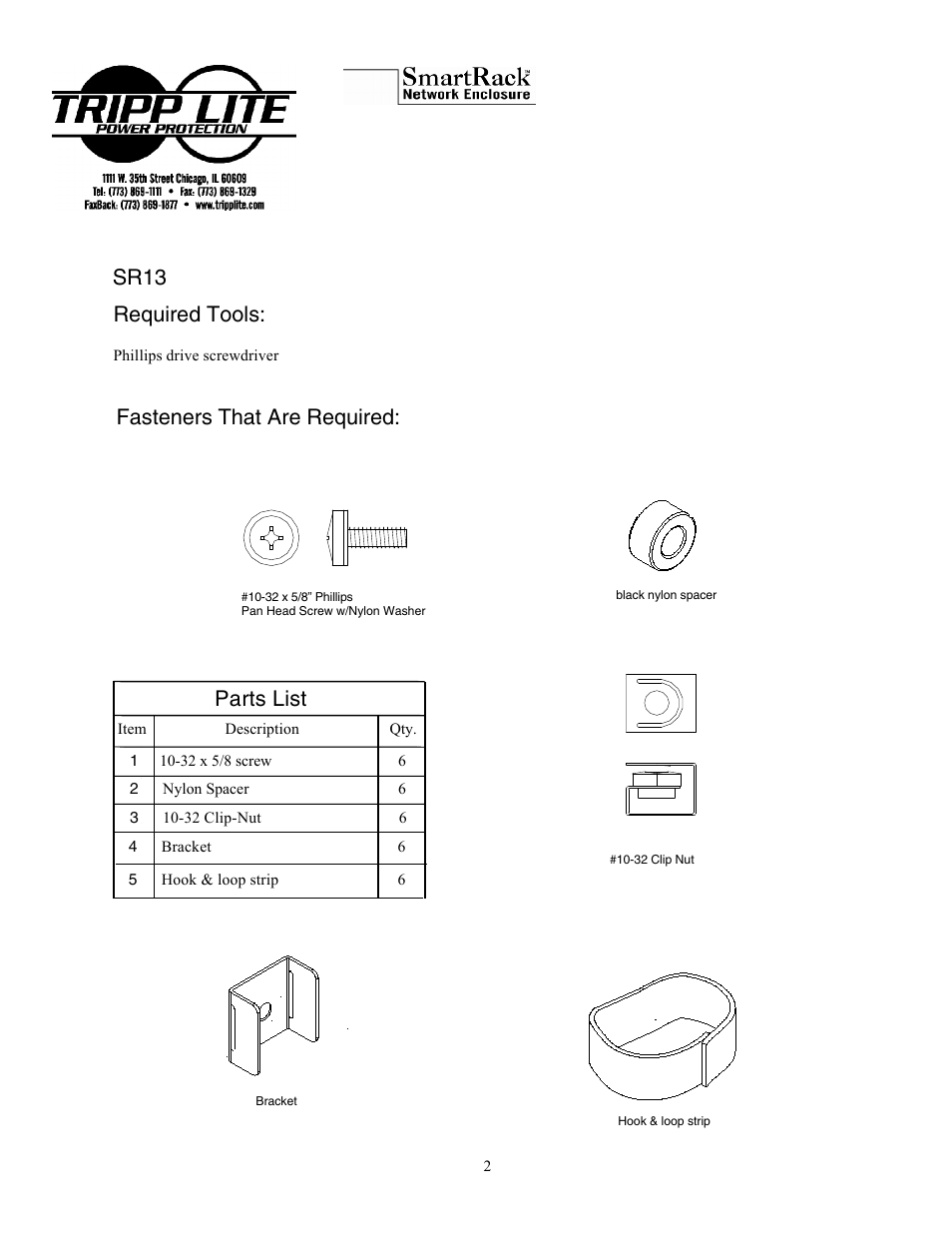 Required tools, Fasteners that are required, Parts list | Sr13 | Tripp Lite 190S8FB User Manual | Page 2 / 2