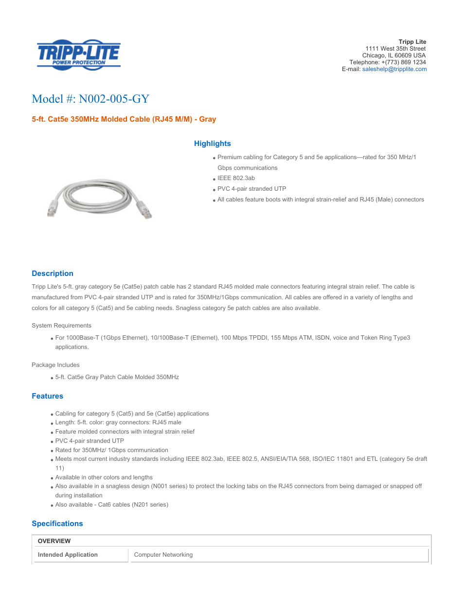 Tripp Lite N002-005-GY User Manual | 3 pages