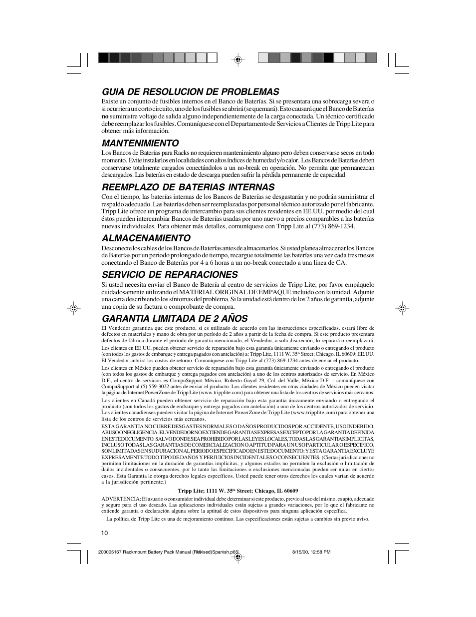 Guia de resolucion de problemas, Mantenimiento, Reemplazo de baterias internas | Almacenamiento, Servicio de reparaciones, Garantia limitada de 2 años | Tripp Lite BP72V122U User Manual | Page 10 / 16