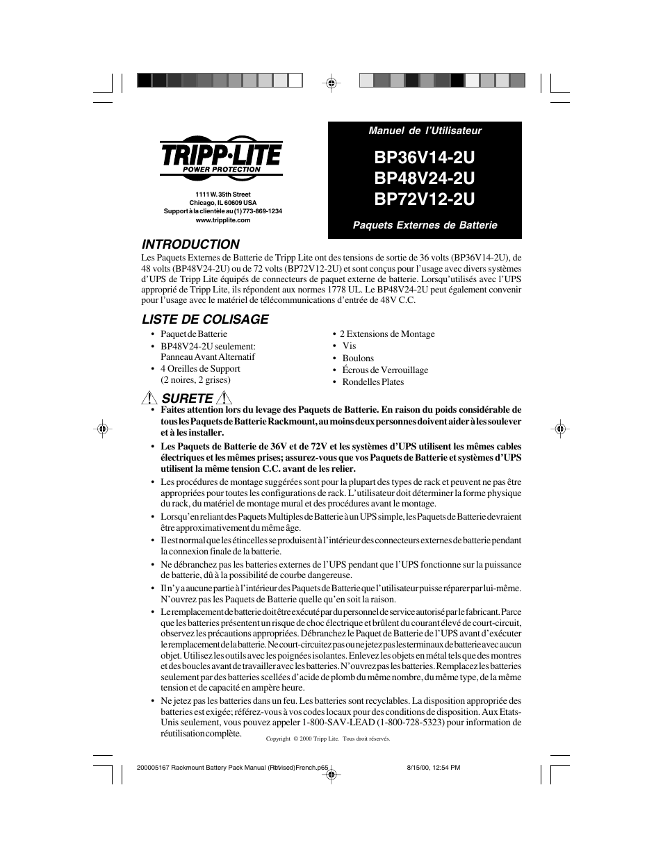 Introduction, Surete, Liste de colisage | Tripp Lite BP72V122U User Manual | Page 11 / 16