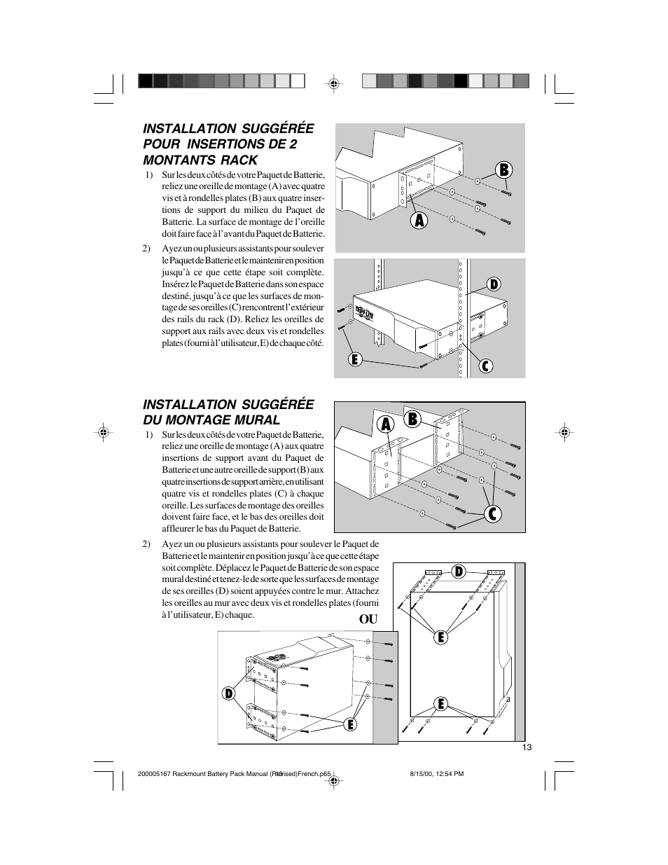 De e, Installation suggérée du montage mural | Tripp Lite BP72V122U User Manual | Page 13 / 16