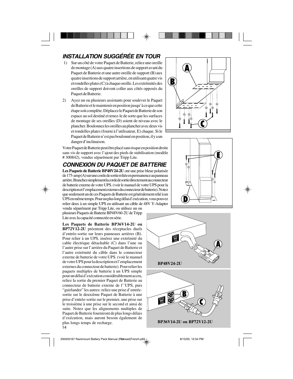 Installation suggérée en tour, Connexion du paquet de batterie | Tripp Lite BP72V122U User Manual | Page 14 / 16