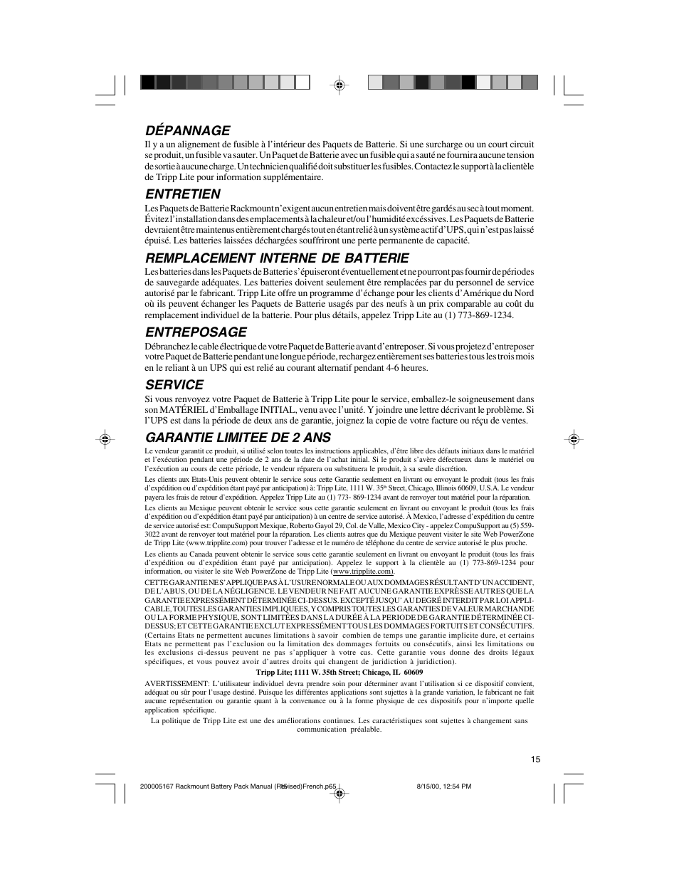 Dépannage, Entretien, Remplacement interne de batterie | Entreposage, Service, Garantie limitee de 2 ans | Tripp Lite BP72V122U User Manual | Page 15 / 16