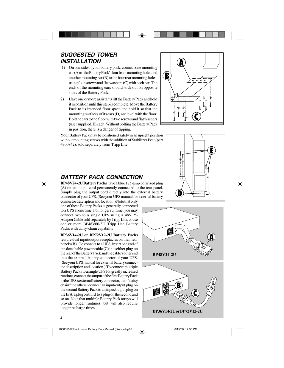 Suggested tower installation, Battery pack connection | Tripp Lite BP72V122U User Manual | Page 4 / 16