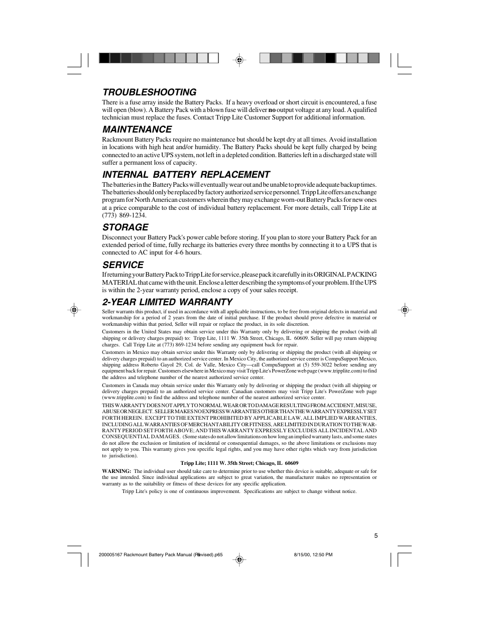 Troubleshooting, Maintenance, Internal battery replacement | Storage, Service, Year limited warranty | Tripp Lite BP72V122U User Manual | Page 5 / 16