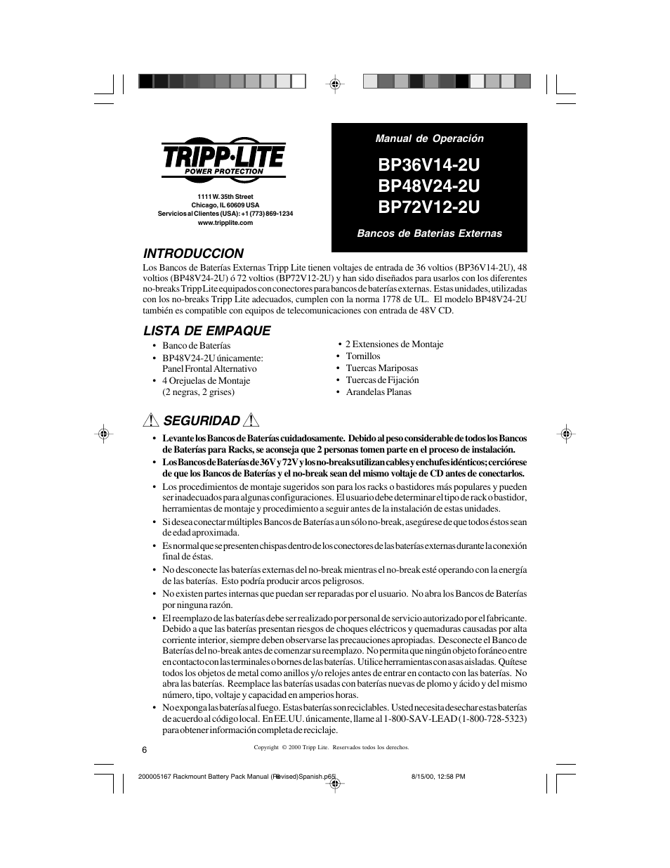 Introduccion, Seguridad, Lista de empaque | Tripp Lite BP72V122U User Manual | Page 6 / 16