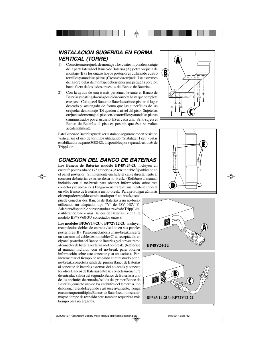 Instalacion sugerida en forma vertical (torre), Conexion del banco de baterias | Tripp Lite BP72V122U User Manual | Page 9 / 16