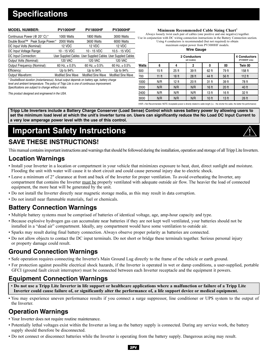 Important safety instructions, Specifications, Save these instructions | Location warnings, Battery connection warnings, Ground connection warnings, Equipment connection warnings, Operation warnings | Tripp Lite PV1000HF User Manual | Page 2 / 8