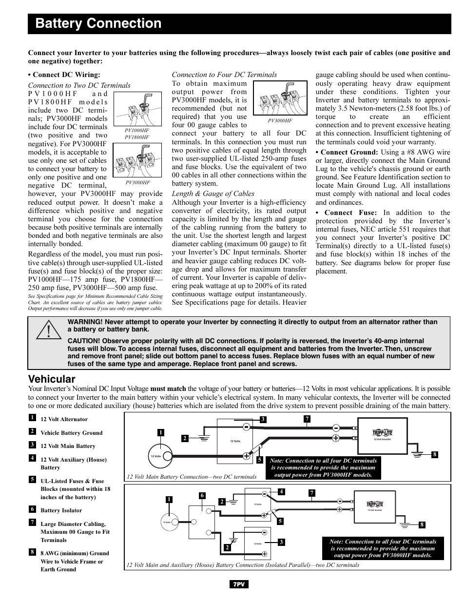 Battery connection, Vehicular | Tripp Lite PV1000HF User Manual | Page 7 / 8