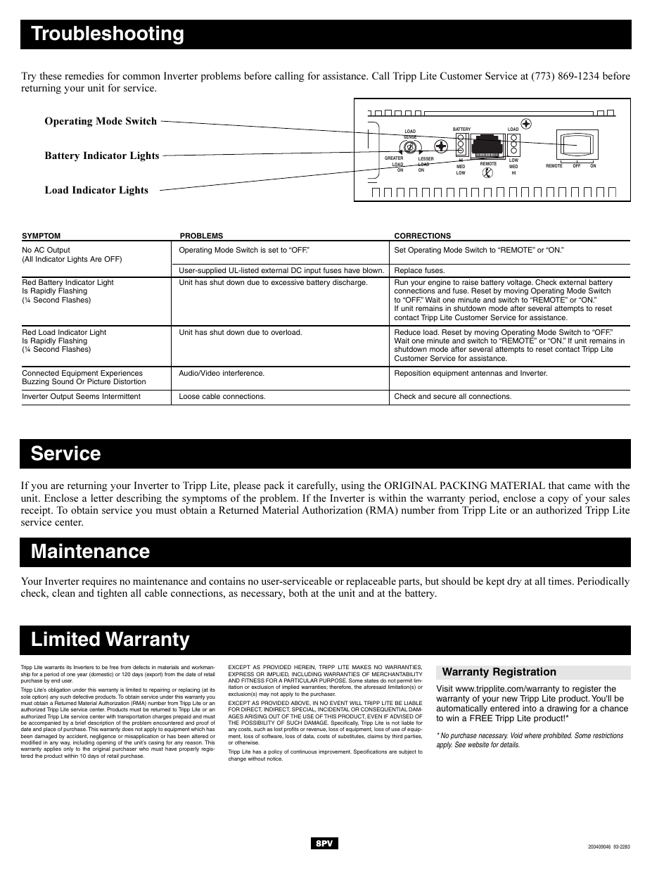 Troubleshooting, Limited warranty, Service | Maintenance, Warranty registration | Tripp Lite PV1000HF User Manual | Page 8 / 8