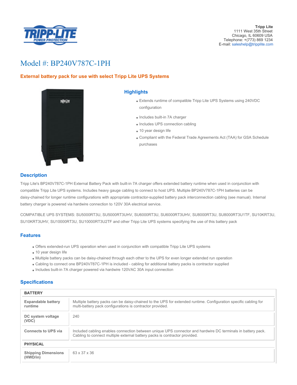 Tripp Lite BP240V787C-1PH User Manual | 2 pages