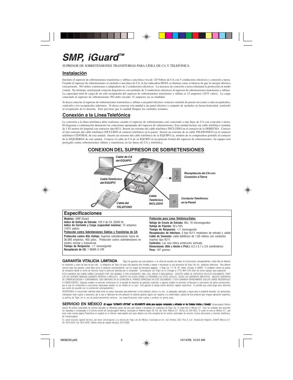Smp, iguard, Instalación, Conexión a la línea telefónica | Especificaciones, Conexion del supresor de sobretensiones | Tripp Lite Notebook Computer Surge Suppressors iGuard User Manual | Page 2 / 4