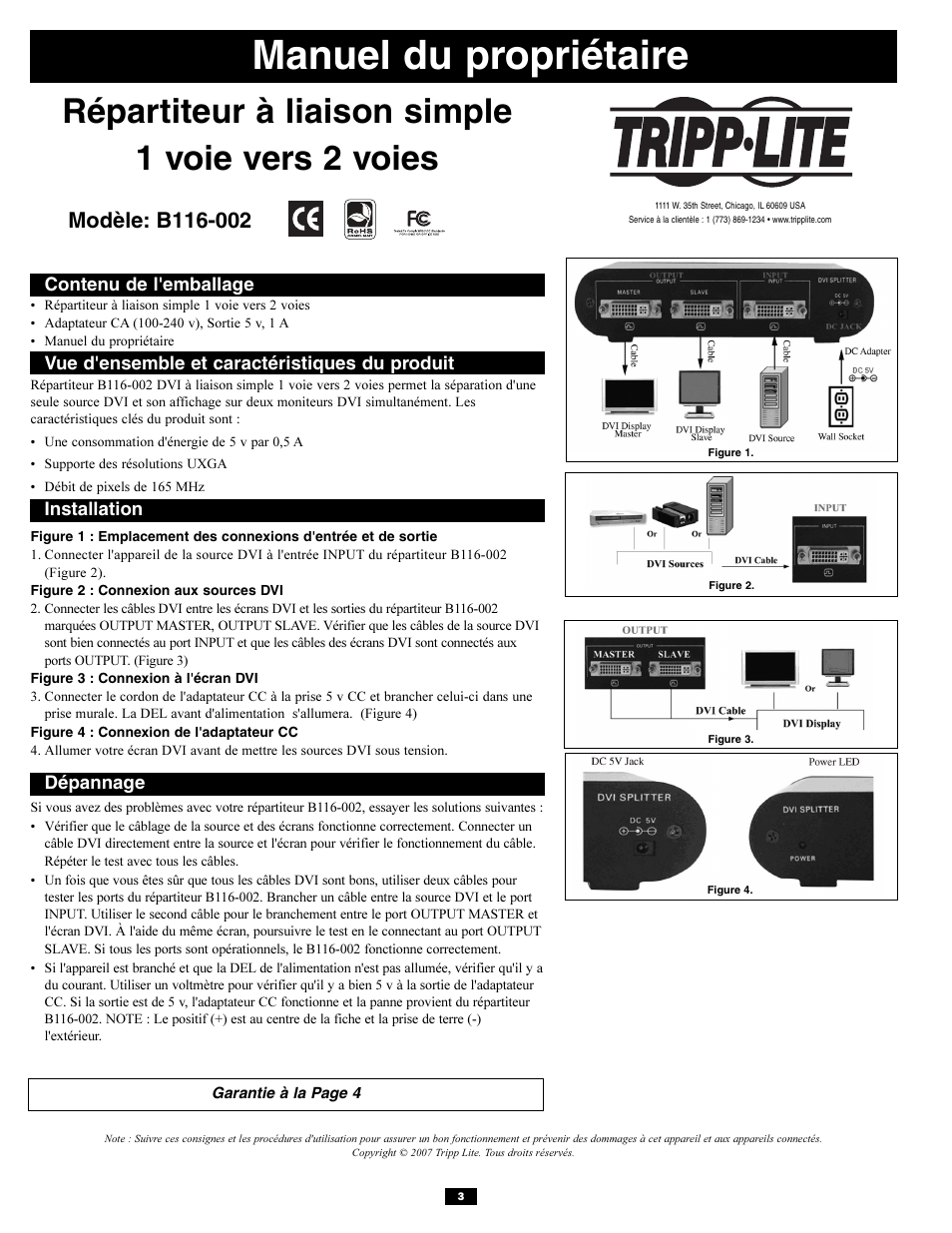 Manuel du propriétaire, Répartiteur à liaison simple 1 voie vers 2 voies | Tripp Lite B116-002 User Manual | Page 3 / 4