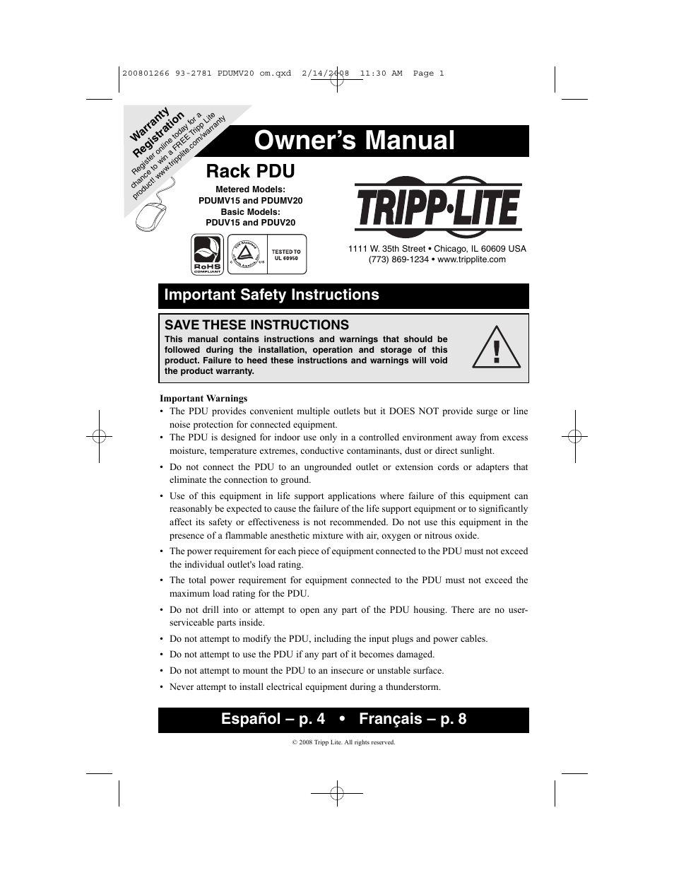 Tripp Lite PDUV20 User Manual | 3 pages