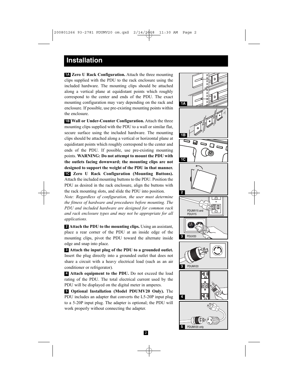 Installation | Tripp Lite PDUV20 User Manual | Page 2 / 3
