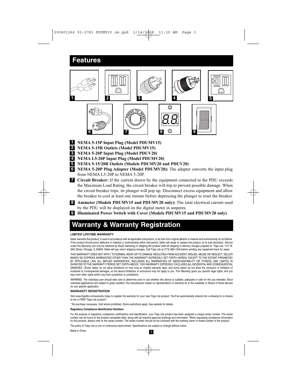 Features, Warranty & warranty registration | Tripp Lite PDUV20 User Manual | Page 3 / 3