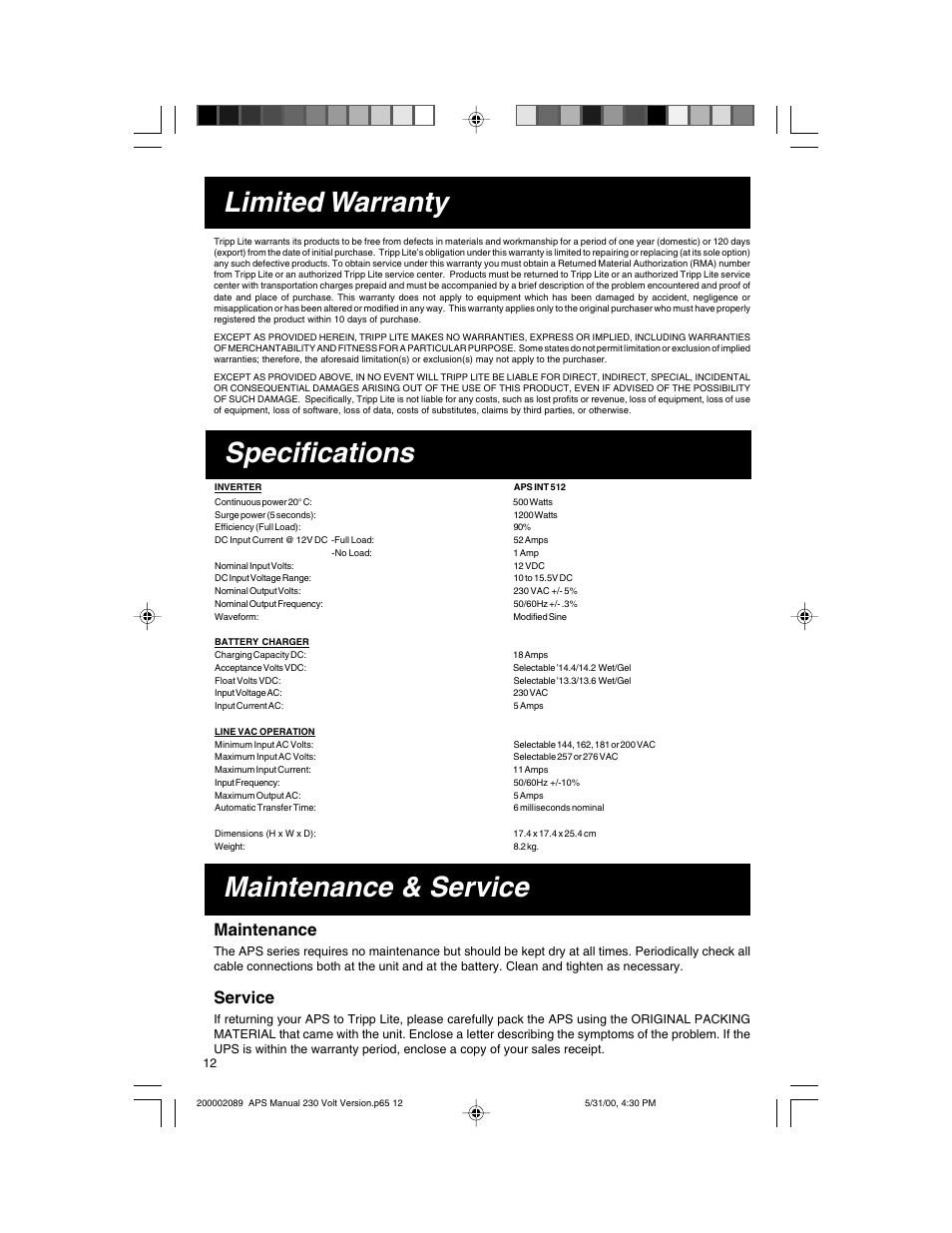 Limited warranty, Maintenance & service, Specifications | Maintenance, Service | Tripp Lite APS INT 512 User Manual | Page 12 / 12