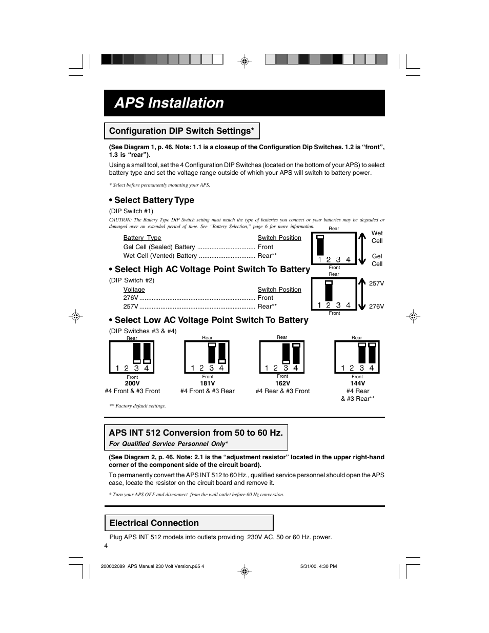 Aps installation, Electrical connection, Configuration dip switch settings | Select battery type, Select high ac voltage point switch to battery, Select low ac voltage point switch to battery | Tripp Lite APS INT 512 User Manual | Page 4 / 12