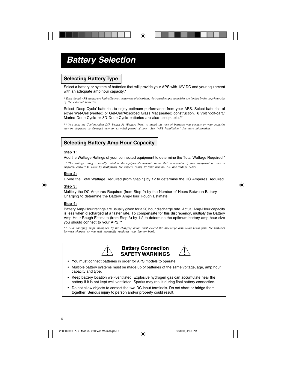 Battery selection, Selecting battery type, Battery connection safety warnings | Selecting battery amp hour capacity | Tripp Lite APS INT 512 User Manual | Page 6 / 12