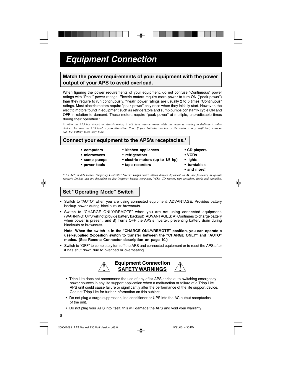 Equipment connection, Set “operating mode” switch, Equipment connection safety warnings | Connect your equipment to the aps's receptacles | Tripp Lite APS INT 512 User Manual | Page 8 / 12