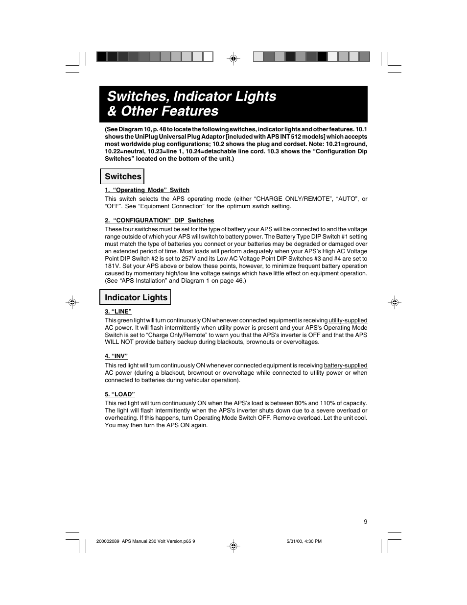 Switches, indicator lights & other features, Switches, Indicator lights | Tripp Lite APS INT 512 User Manual | Page 9 / 12