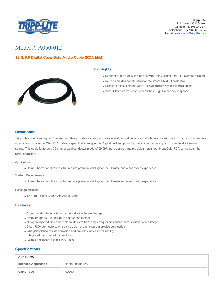 Tripp Lite A060-012 User Manual | 2 pages