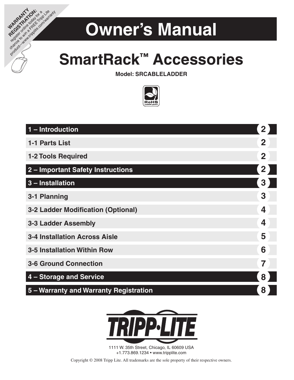 Tripp Lite SmartRack SRCABLELADDER User Manual | 8 pages