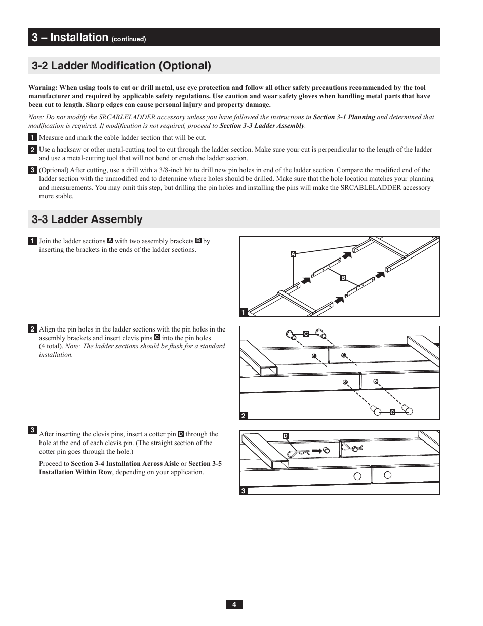 2 ladder modification (optional), 3 ladder assembly, 3 – installation | Tripp Lite SmartRack SRCABLELADDER User Manual | Page 4 / 8