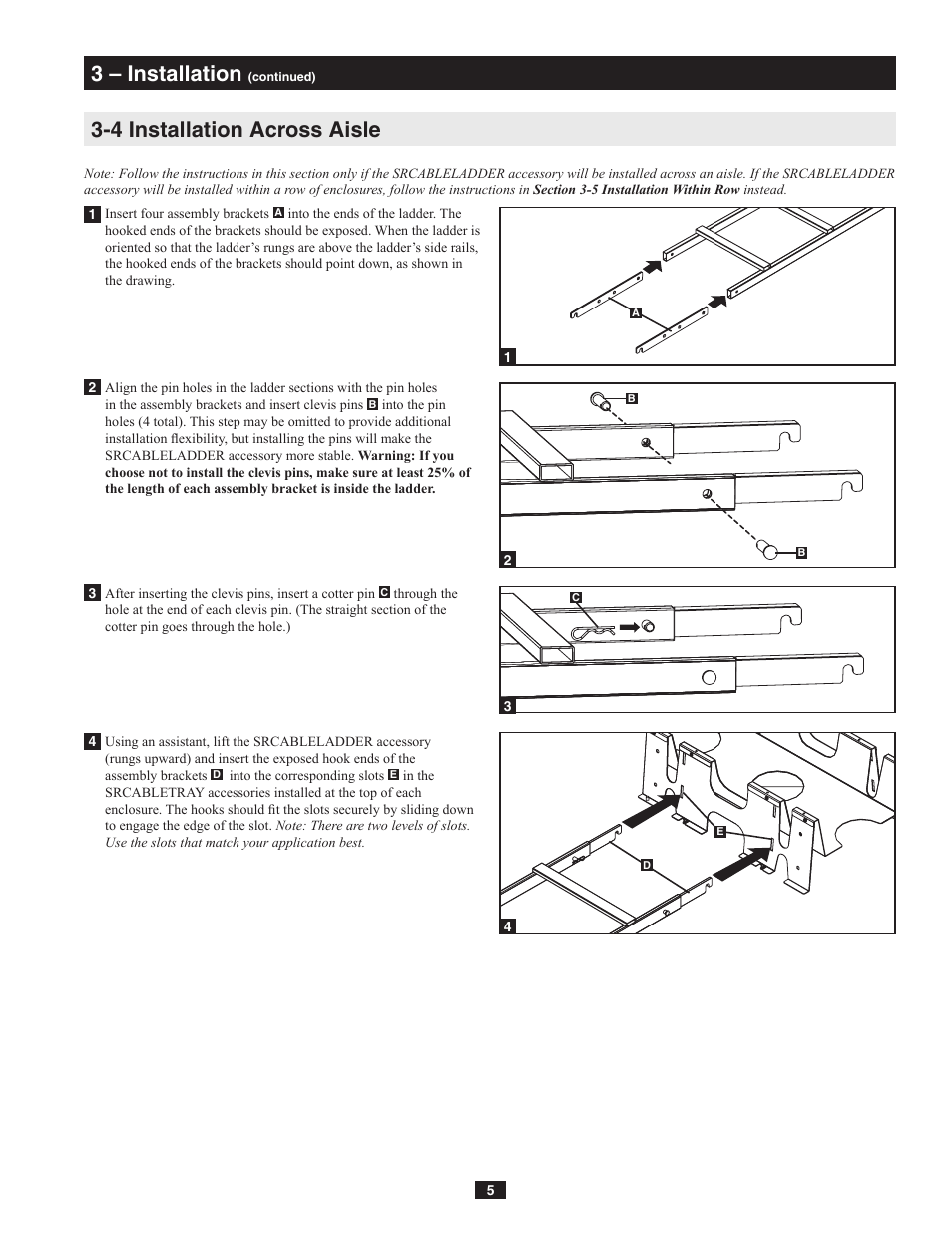 4 installation across aisle, 3 – installation | Tripp Lite SmartRack SRCABLELADDER User Manual | Page 5 / 8